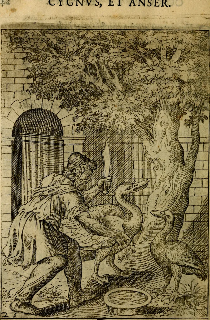 An illustration from Fabvlae centvm ex antiqvis avctoribvs delectae et a Gabriele Faerno Cremonensi carminibvs explicatae, 1564, leaf 55