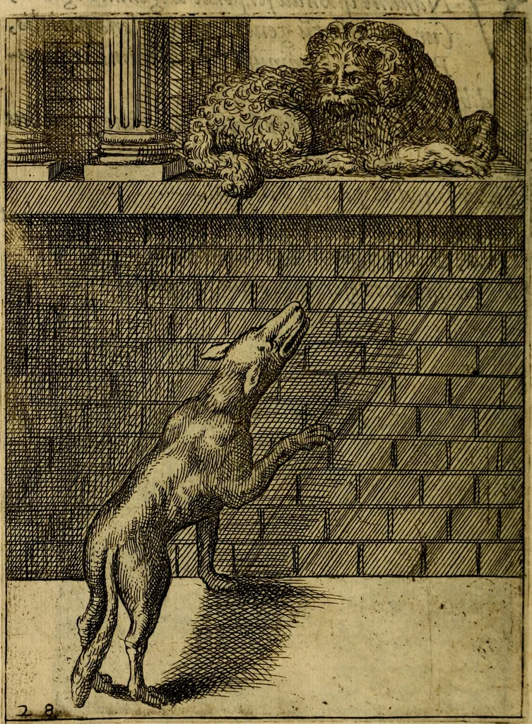 An illustration from Fabvlae centvm ex antiqvis avctoribvs delectae et a Gabriele Faerno Cremonensi carminibvs explicatae, 1564, leaf 61