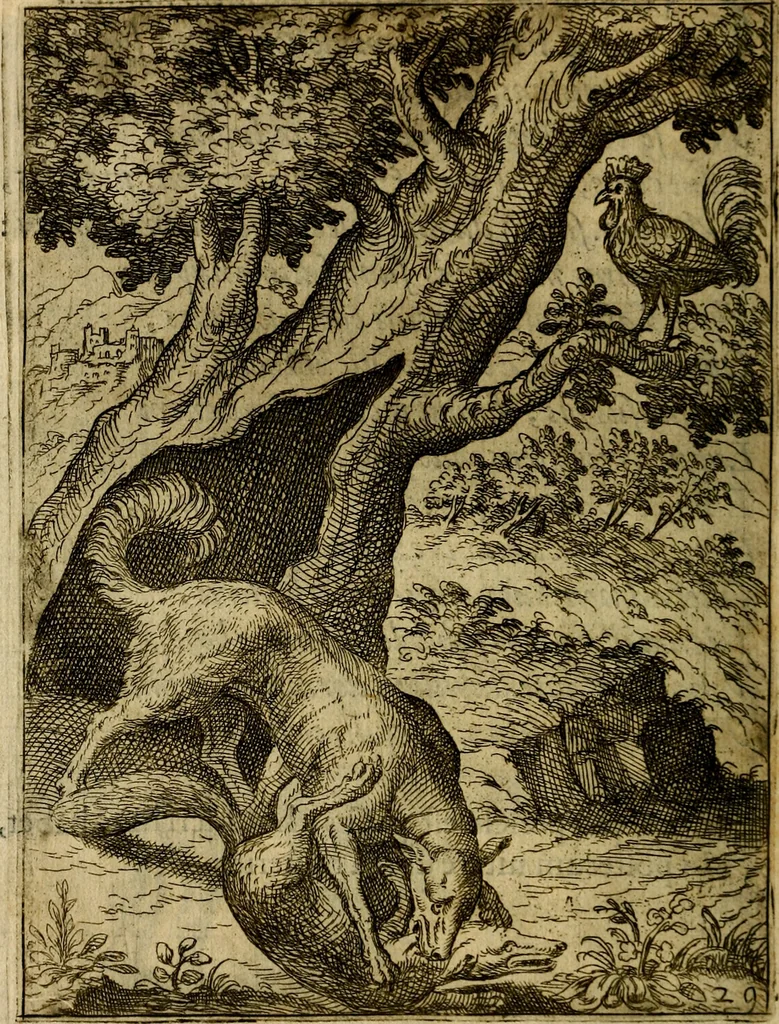 An illustration from Fabvlae centvm ex antiqvis avctoribvs delectae et a Gabriele Faerno Cremonensi carminibvs explicatae, 1564, leaf 63