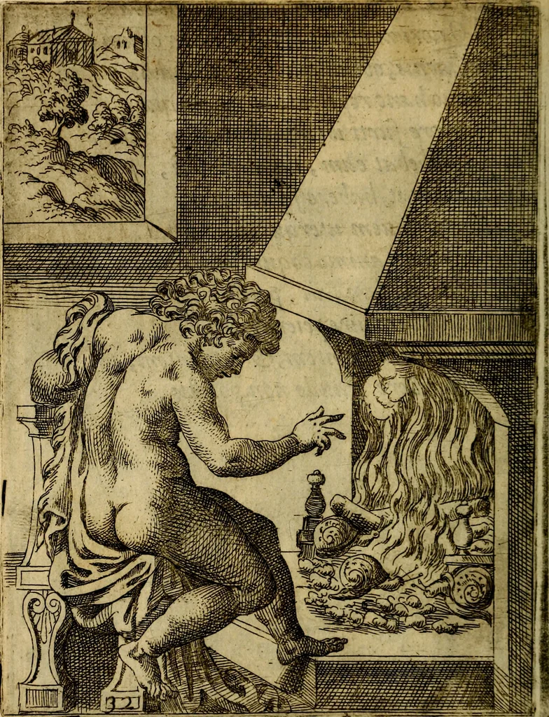 An illustration from Fabvlae centvm ex antiqvis avctoribvs delectae et a Gabriele Faerno Cremonensi carminibvs explicatae, 1564, leaf 69