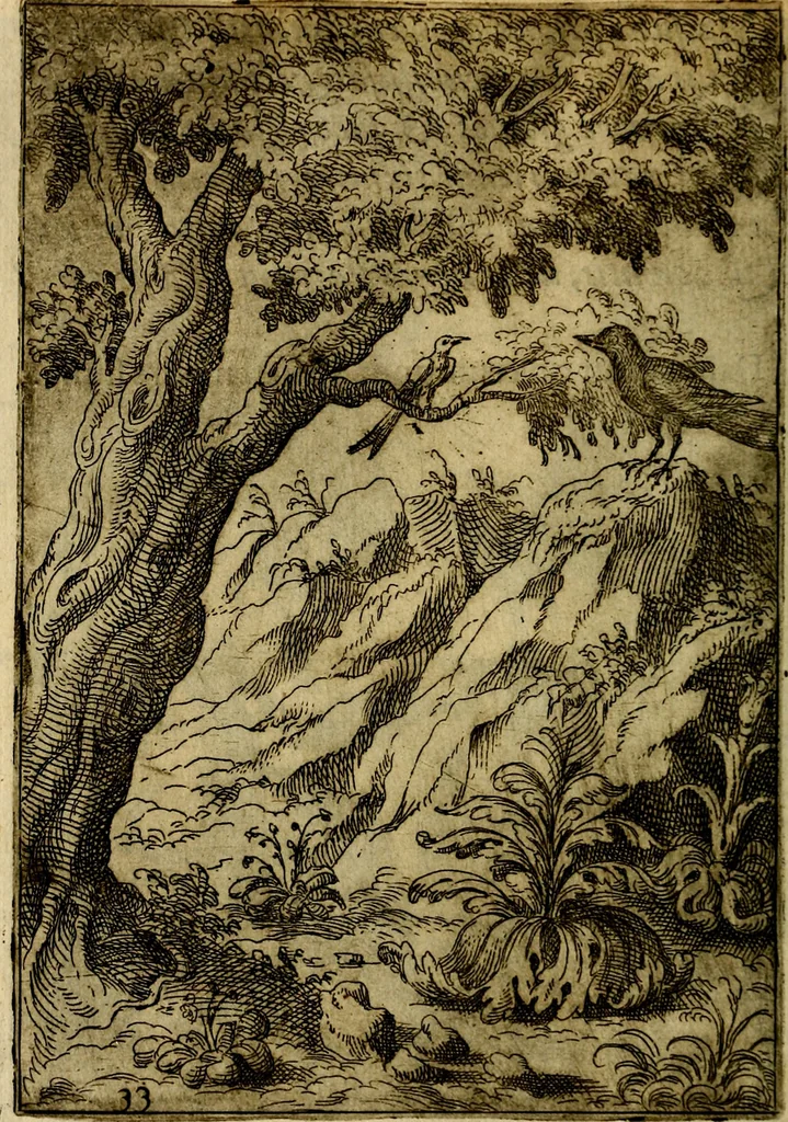 An illustration from Fabvlae centvm ex antiqvis avctoribvs delectae et a Gabriele Faerno Cremonensi carminibvs explicatae, 1564, leaf 71