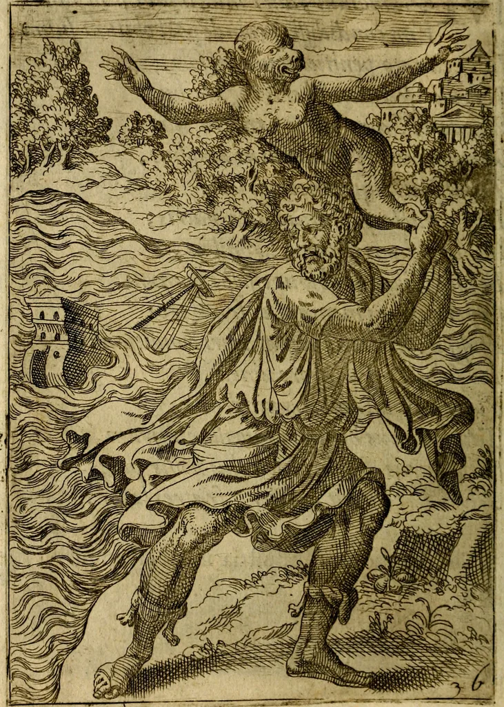 An illustration from Fabvlae centvm ex antiqvis avctoribvs delectae et a Gabriele Faerno Cremonensi carminibvs explicatae, 1564, leaf 77