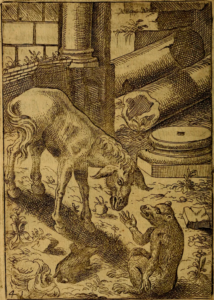 An illustration from Fabvlae centvm ex antiqvis avctoribvs delectae et a Gabriele Faerno Cremonensi carminibvs explicatae, 1564, leaf 91