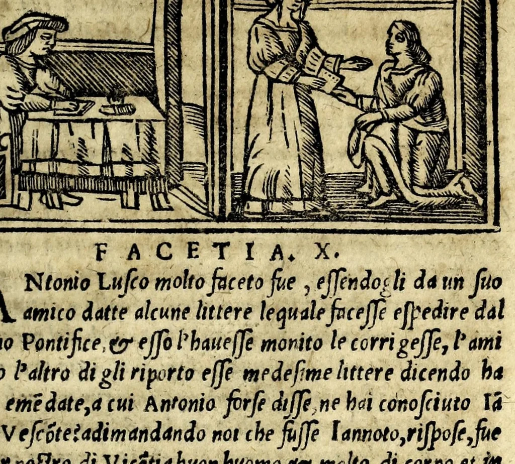 An illustration from Facetie di Poggio firorentino : historiate, nuouamente ristampate, & con somma diligentia reuiste et corrette, 1547, leaf 21