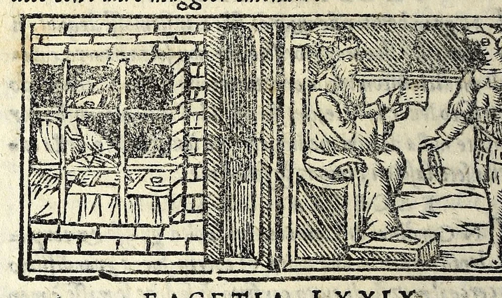 An illustration from Facetie di Poggio firorentino : historiate, nuouamente ristampate, & con somma diligentia reuiste et corrette, 1547, leaf 52