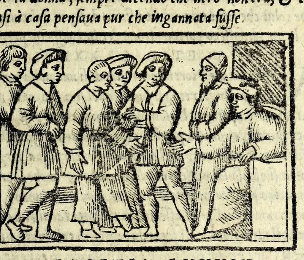 An illustration from Facetie di Poggio firorentino : historiate, nuouamente ristampate, & con somma diligentia reuiste et corrette, 1547, leaf 55