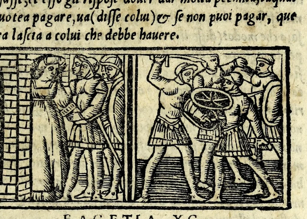 An illustration from Facetie di Poggio firorentino : historiate, nuouamente ristampate, & con somma diligentia reuiste et corrette, 1547, leaf 59