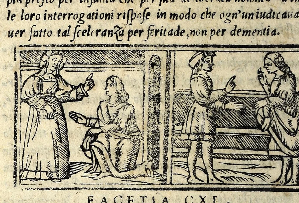 An illustration from Facetie di Poggio firorentino : historiate, nuouamente ristampate, & con somma diligentia reuiste et corrette, 1547, leaf 70