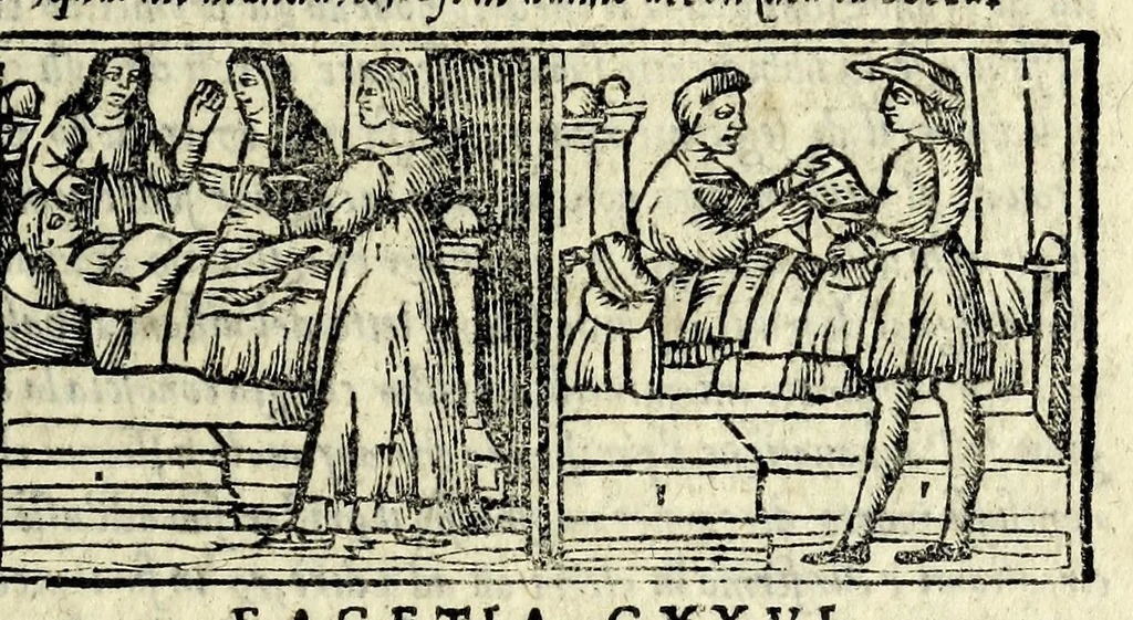 An illustration from Facetie di Poggio firorentino : historiate, nuouamente ristampate, & con somma diligentia reuiste et corrette, 1547, leaf 79