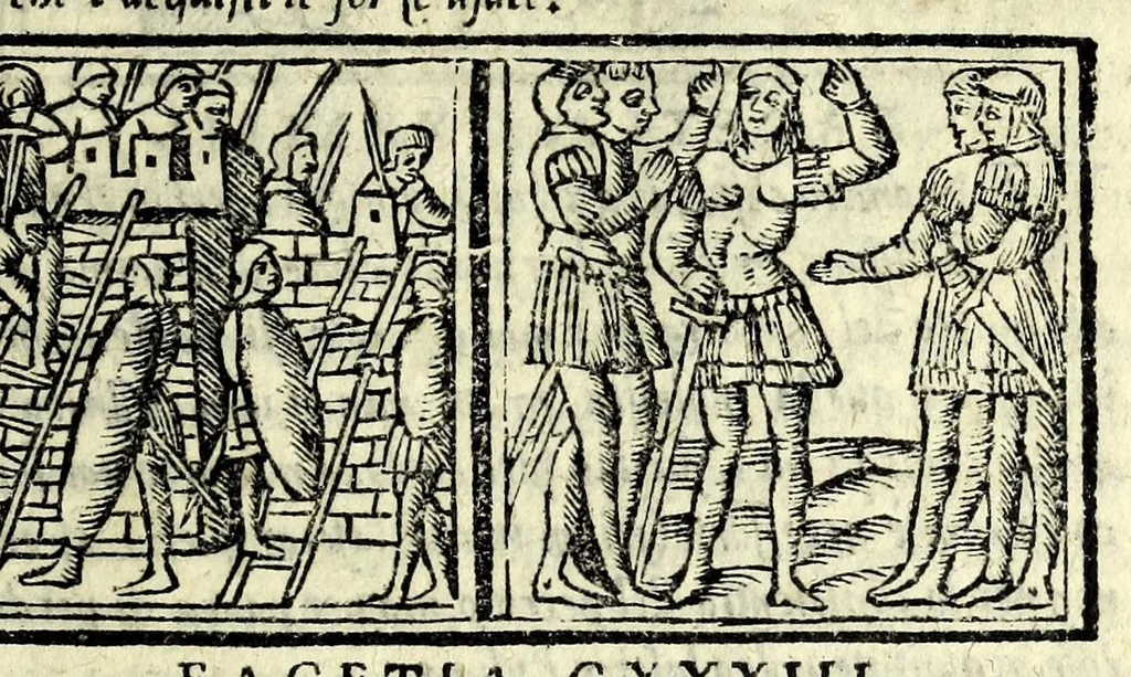 An illustration from Facetie di Poggio firorentino : historiate, nuouamente ristampate, & con somma diligentia reuiste et corrette, 1547, leaf 85