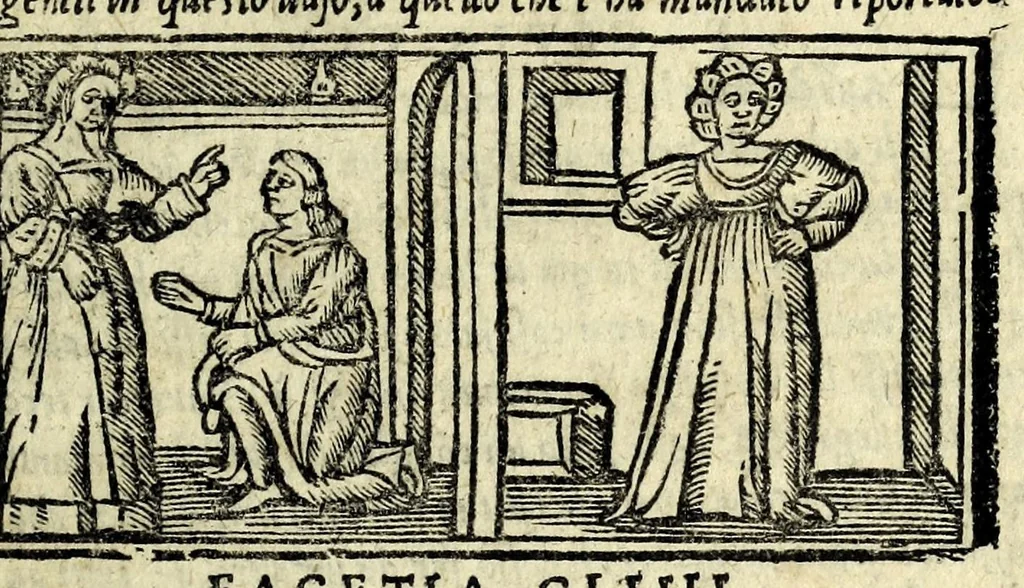 An illustration from Facetie di Poggio firorentino : historiate, nuouamente ristampate, & con somma diligentia reuiste et corrette, 1547, leaf 95