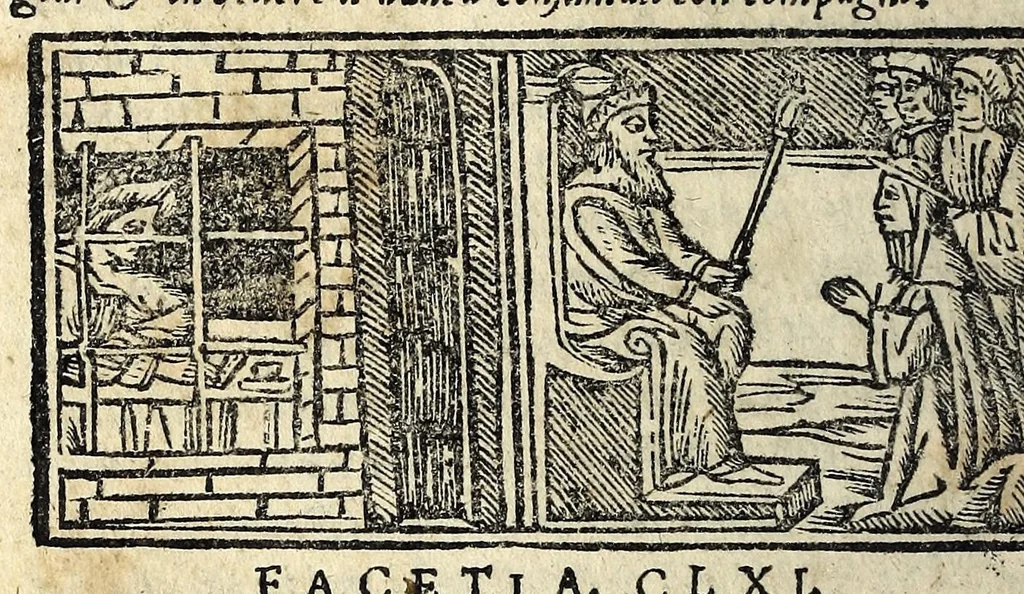 An illustration from Facetie di Poggio firorentino : historiate, nuouamente ristampate, & con somma diligentia reuiste et corrette, 1547, leaf 98