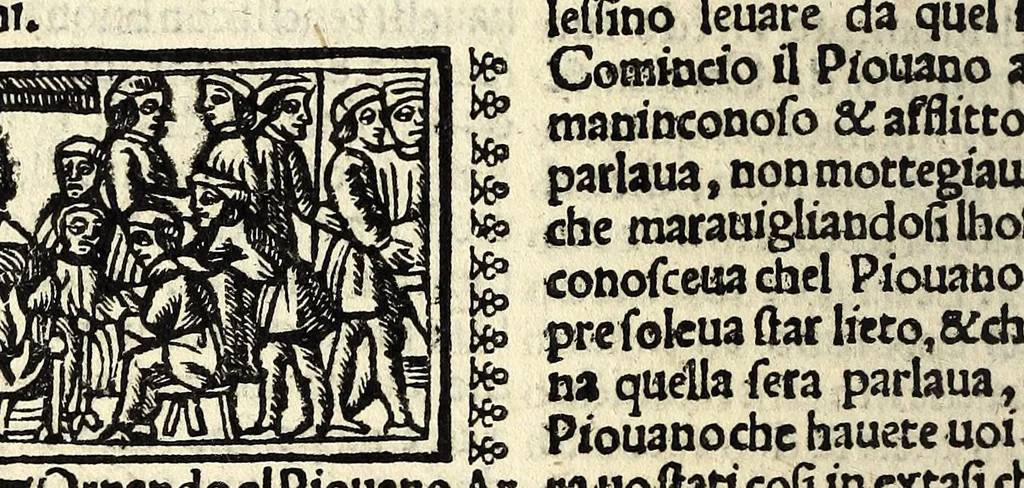 An illustration from Facetie, fabule, motti, del Piouano Arlotto prete fiorentino, huomo di grande ingegno : opera diletteuole vulgare in lingua toscha historiata con piu facetie agiõte nouamẽte stampate, 1538, leaf 56