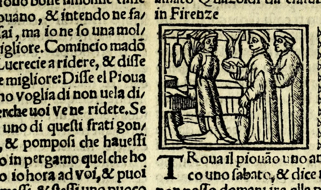 An illustration from Facetie, fabule, motti, del Piouano Arlotto prete fiorentino, huomo di grande ingegno : opera diletteuole vulgare in lingua toscha historiata con piu facetie agiõte nouamẽte stampate, 1538, leaf 69