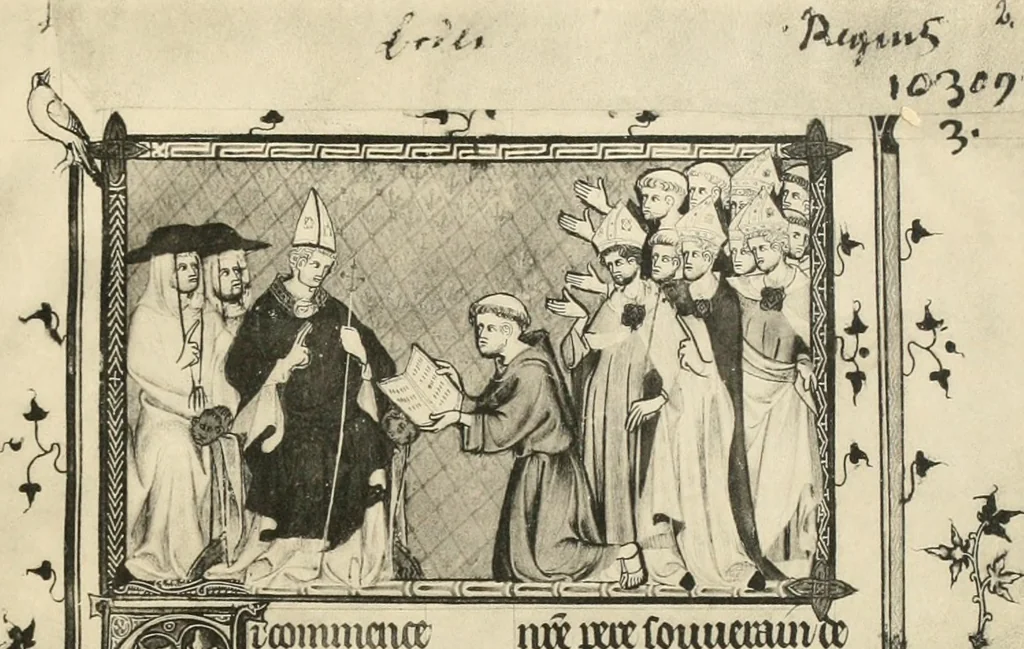 An illustration from Fac-similé de livres copiés et enluminés pour le roi Charles V. : souvenir de la journée du 8 mars 1903 offert à ses amis, 1903, leaf 50
