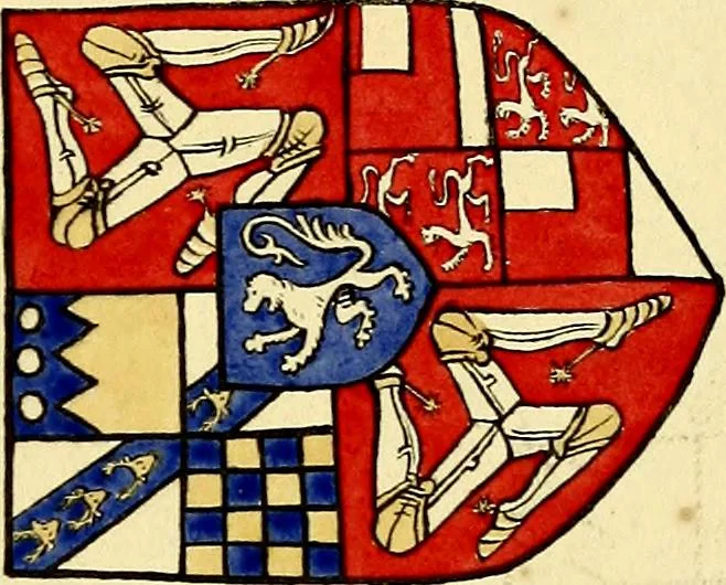 An illustration from Fac simile of a contemporary roll with the names and the arms of the sovereign and of the spiritual and temporal peers who sat in Parliament held at Westminster on the 5th of February in the sixth year of the reign of King Henry the Eighth, anno domini, 1515, in the possession of Thomas Willement, 1829, leaf 35