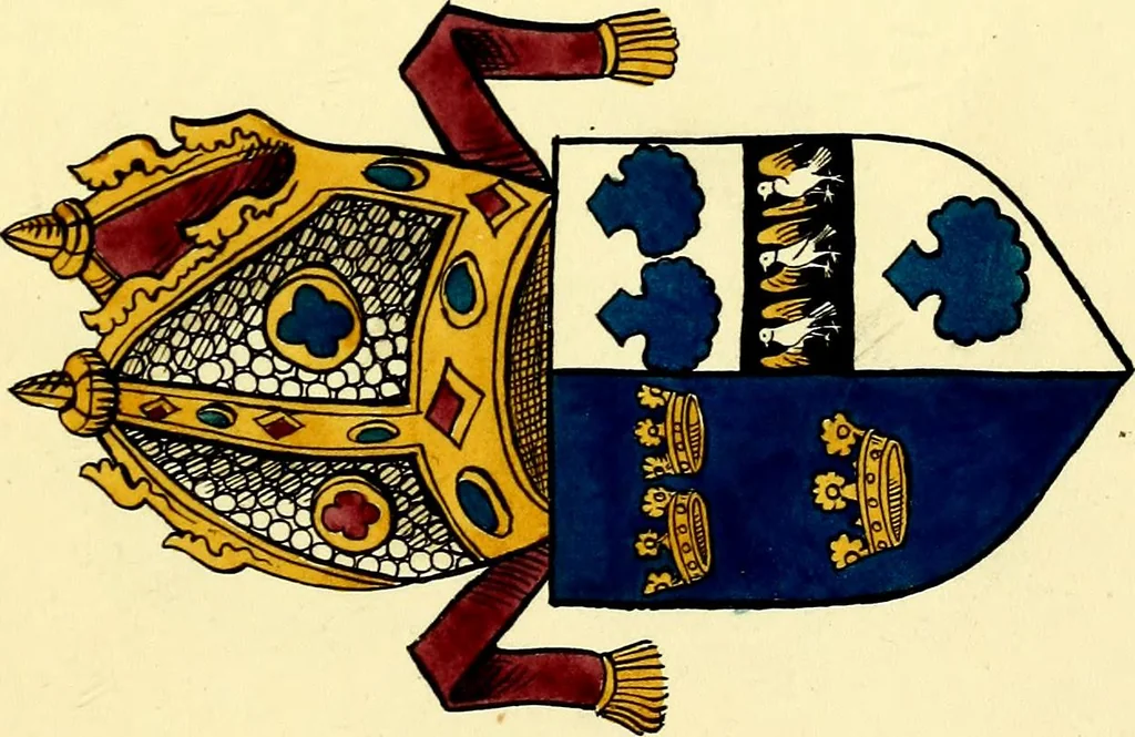 An illustration from Fac simile of a contemporary roll with the names and the arms of the sovereign and of the spiritual and temporal peers who sat in Parliament held at Westminster on the 5th of February in the sixth year of the reign of King Henry the Eighth, anno domini, 1515, in the possession of Thomas Willement, 1829, leaf 43