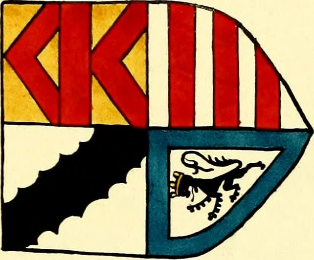 An illustration from Fac simile of a contemporary roll with the names and the arms of the sovereign and of the spiritual and temporal peers who sat in Parliament held at Westminster on the 5th of February in the sixth year of the reign of King Henry the Eighth, anno domini, 1515, in the possession of Thomas Willement, 1829, leaf 45