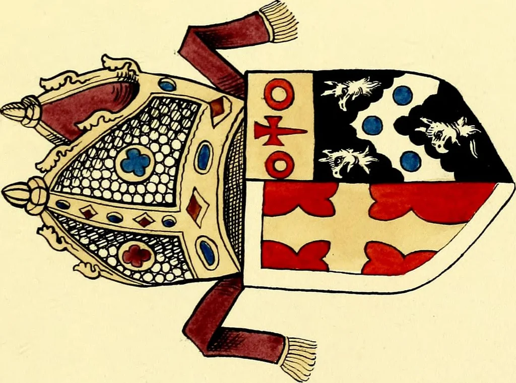 An illustration from Fac simile of a contemporary roll with the names and the arms of the sovereign and of the spiritual and temporal peers who sat in Parliament held at Westminster on the 5th of February in the sixth year of the reign of King Henry the Eighth, anno domini, 1515, in the possession of Thomas Willement, 1829, leaf 61