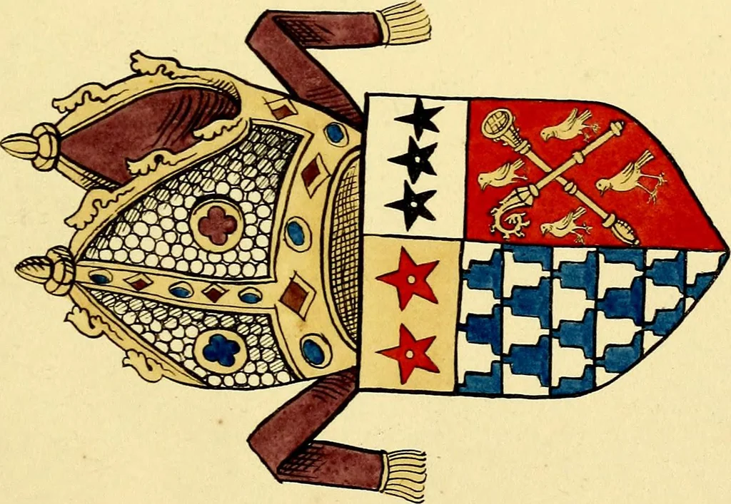 An illustration from Fac simile of a contemporary roll with the names and the arms of the sovereign and of the spiritual and temporal peers who sat in Parliament held at Westminster on the 5th of February in the sixth year of the reign of King Henry the Eighth, anno domini, 1515, in the possession of Thomas Willement, 1829, leaf 63