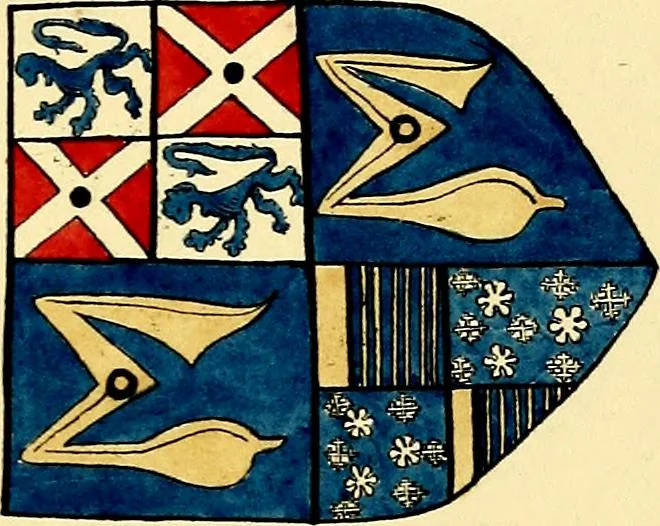 An illustration from Fac simile of a contemporary roll with the names and the arms of the sovereign and of the spiritual and temporal peers who sat in Parliament held at Westminster on the 5th of February in the sixth year of the reign of King Henry the Eighth, anno domini, 1515, in the possession of Thomas Willement, 1829, leaf 67