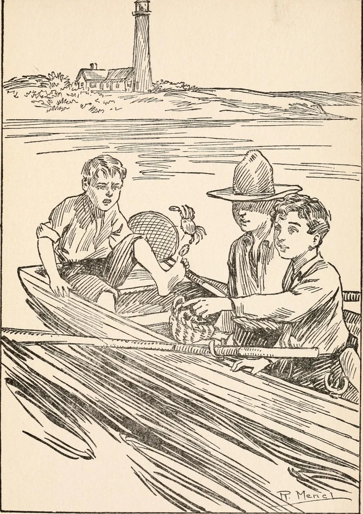 An illustration from Fairview boys at Light-house Cove, or, Carried out to sea, 1914, leaf 74
