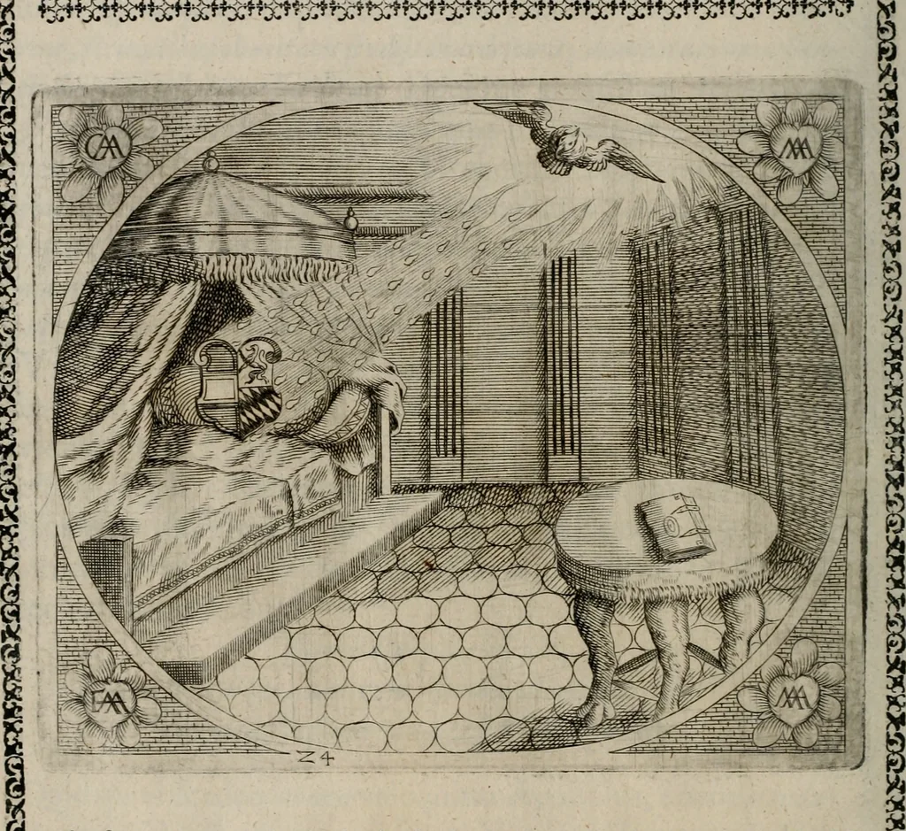 An illustration from Fama postuma, de virtutibus heroicis : quibus serenissima princeps ac domina D. Maria Archidux Austriae, Rheni Palatina vtriusque Bauariae Dux, et serenissimi quondam principis ac domini D. Caroli Archducis Austriae, Burgundiae, Styriae, Carinthiae, Carniolae Ducis Coniux, postea vidua augustam memoriae semper foelicis immortalitatem viuens moriens meruit, 1609, leaf 103