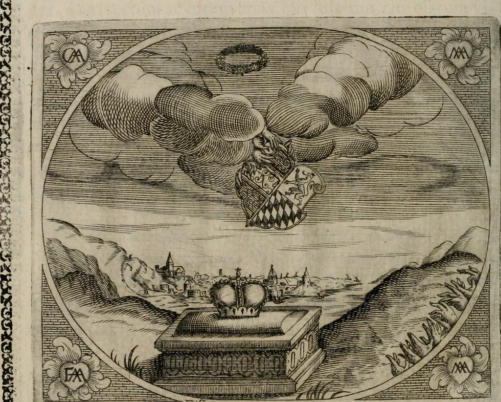 An illustration from Fama postuma, de virtutibus heroicis : quibus serenissima princeps ac domina D. Maria Archidux Austriae, Rheni Palatina vtriusque Bauariae Dux, et serenissimi quondam principis ac domini D. Caroli Archducis Austriae, Burgundiae, Styriae, Carinthiae, Carniolae Ducis Coniux, postea vidua augustam memoriae semper foelicis immortalitatem viuens moriens meruit, 1609, leaf 107