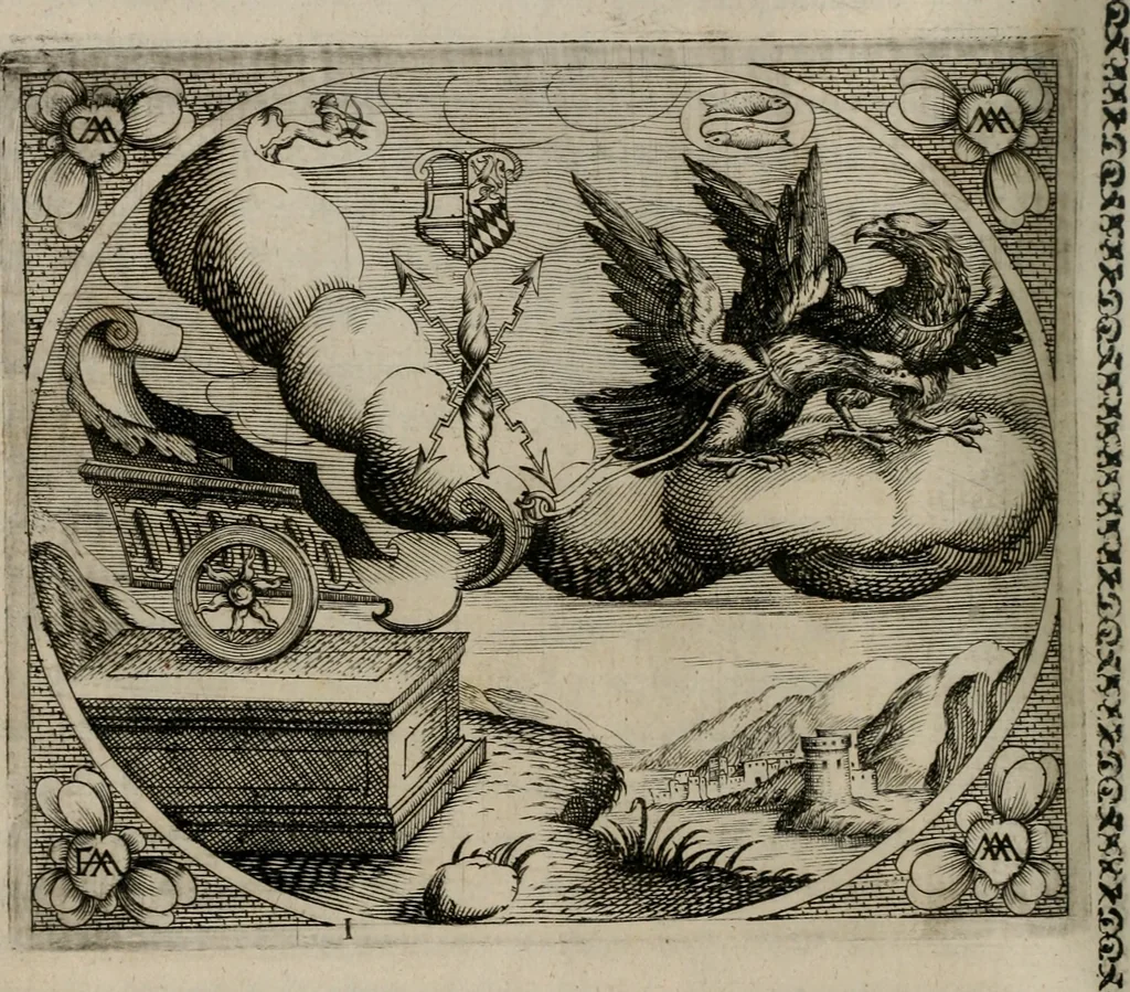 An illustration from Fama postuma, de virtutibus heroicis : quibus serenissima princeps ac domina D. Maria Archidux Austriae, Rheni Palatina vtriusque Bauariae Dux, et serenissimi quondam principis ac domini D. Caroli Archducis Austriae, Burgundiae, Styriae, Carinthiae, Carniolae Ducis Coniux, postea vidua augustam memoriae semper foelicis immortalitatem viuens moriens meruit, 1609, leaf 11