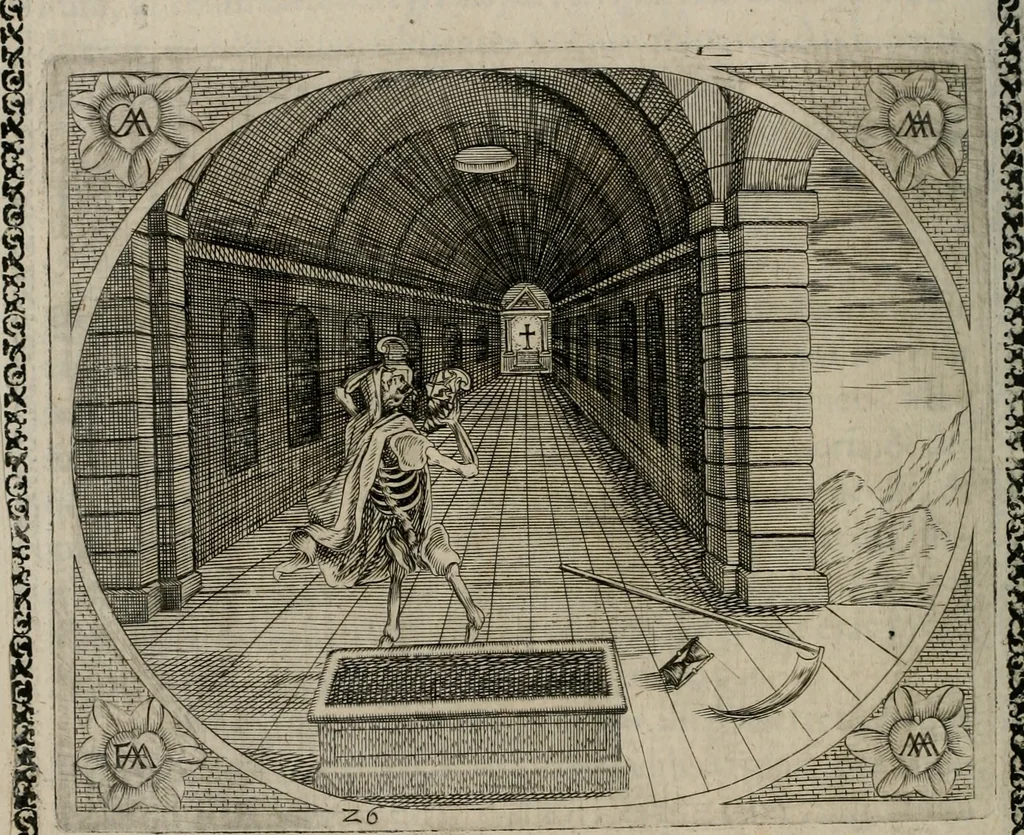 An illustration from Fama postuma, de virtutibus heroicis : quibus serenissima princeps ac domina D. Maria Archidux Austriae, Rheni Palatina vtriusque Bauariae Dux, et serenissimi quondam principis ac domini D. Caroli Archducis Austriae, Burgundiae, Styriae, Carinthiae, Carniolae Ducis Coniux, postea vidua augustam memoriae semper foelicis immortalitatem viuens moriens meruit, 1609, leaf 111