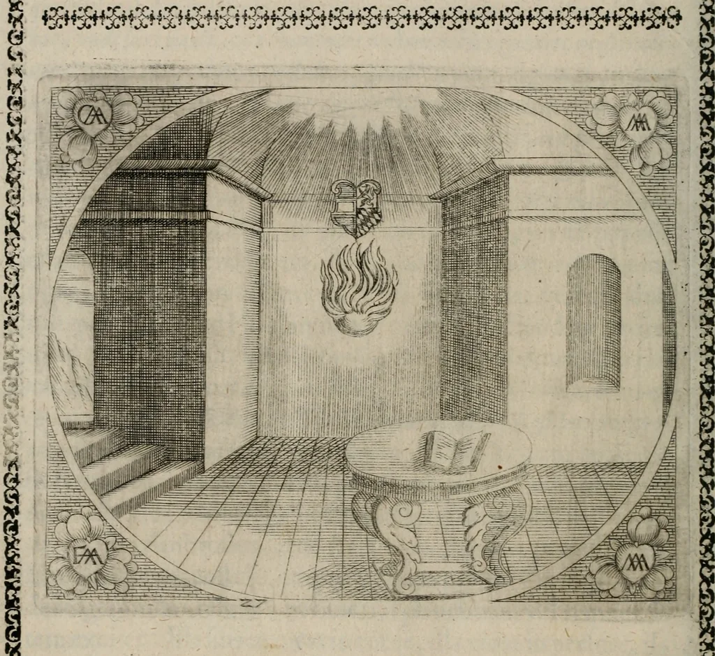 An illustration from Fama postuma, de virtutibus heroicis : quibus serenissima princeps ac domina D. Maria Archidux Austriae, Rheni Palatina vtriusque Bauariae Dux, et serenissimi quondam principis ac domini D. Caroli Archducis Austriae, Burgundiae, Styriae, Carinthiae, Carniolae Ducis Coniux, postea vidua augustam memoriae semper foelicis immortalitatem viuens moriens meruit, 1609, leaf 115