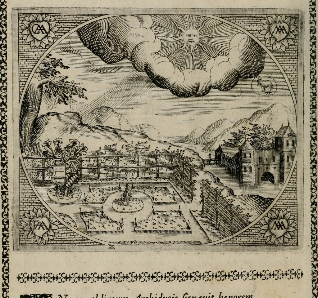 An illustration from Fama postuma, de virtutibus heroicis : quibus serenissima princeps ac domina D. Maria Archidux Austriae, Rheni Palatina vtriusque Bauariae Dux, et serenissimi quondam principis ac domini D. Caroli Archducis Austriae, Burgundiae, Styriae, Carinthiae, Carniolae Ducis Coniux, postea vidua augustam memoriae semper foelicis immortalitatem viuens moriens meruit, 1609, leaf 15