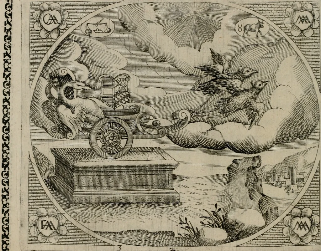 An illustration from Fama postuma, de virtutibus heroicis : quibus serenissima princeps ac domina D. Maria Archidux Austriae, Rheni Palatina vtriusque Bauariae Dux, et serenissimi quondam principis ac domini D. Caroli Archducis Austriae, Burgundiae, Styriae, Carinthiae, Carniolae Ducis Coniux, postea vidua augustam memoriae semper foelicis immortalitatem viuens moriens meruit, 1609, leaf 19