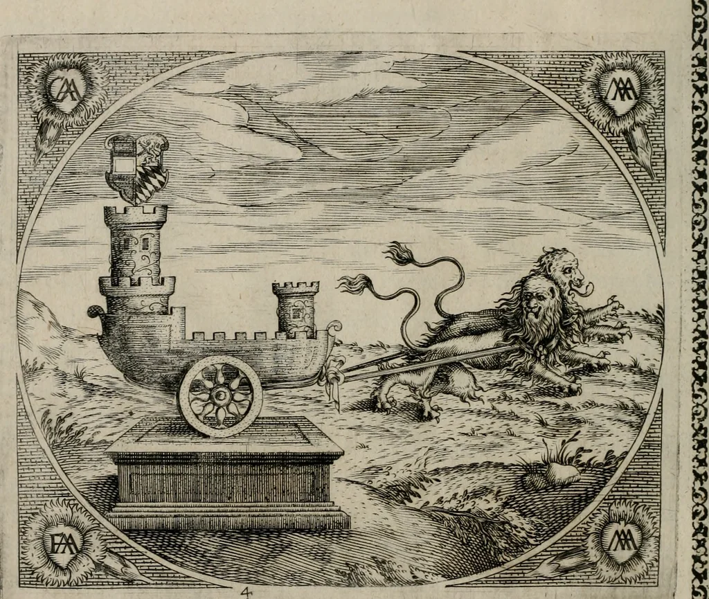 An illustration from Fama postuma, de virtutibus heroicis : quibus serenissima princeps ac domina D. Maria Archidux Austriae, Rheni Palatina vtriusque Bauariae Dux, et serenissimi quondam principis ac domini D. Caroli Archducis Austriae, Burgundiae, Styriae, Carinthiae, Carniolae Ducis Coniux, postea vidua augustam memoriae semper foelicis immortalitatem viuens moriens meruit, 1609, leaf 23