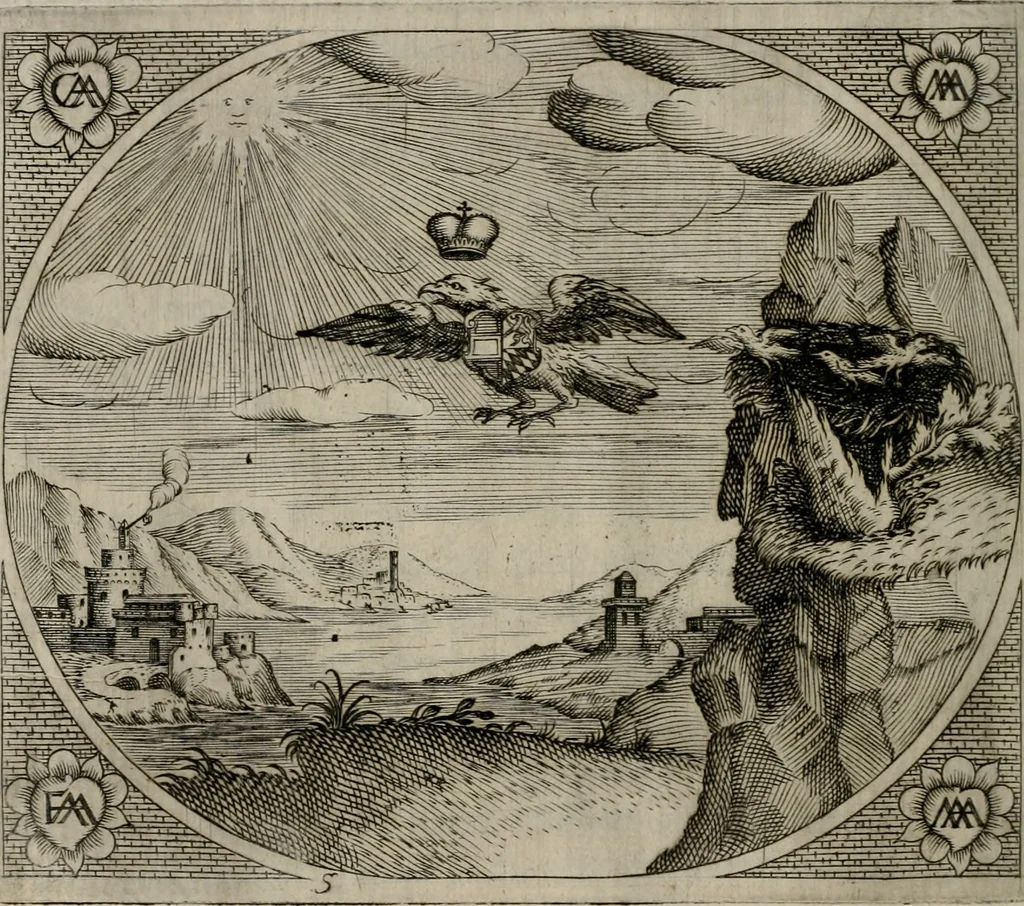 An illustration from Fama postuma, de virtutibus heroicis : quibus serenissima princeps ac domina D. Maria Archidux Austriae, Rheni Palatina vtriusque Bauariae Dux, et serenissimi quondam principis ac domini D. Caroli Archducis Austriae, Burgundiae, Styriae, Carinthiae, Carniolae Ducis Coniux, postea vidua augustam memoriae semper foelicis immortalitatem viuens moriens meruit, 1609, leaf 27