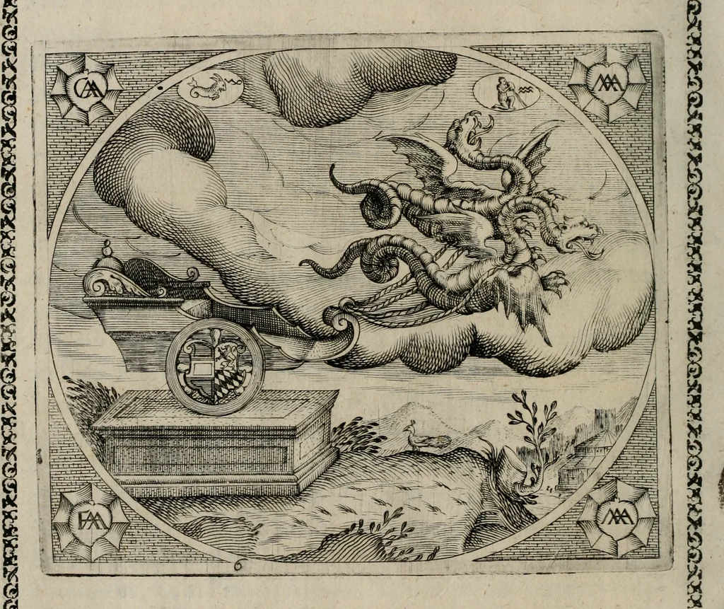 An illustration from Fama postuma, de virtutibus heroicis : quibus serenissima princeps ac domina D. Maria Archidux Austriae, Rheni Palatina vtriusque Bauariae Dux, et serenissimi quondam principis ac domini D. Caroli Archducis Austriae, Burgundiae, Styriae, Carinthiae, Carniolae Ducis Coniux, postea vidua augustam memoriae semper foelicis immortalitatem viuens moriens meruit, 1609, leaf 31