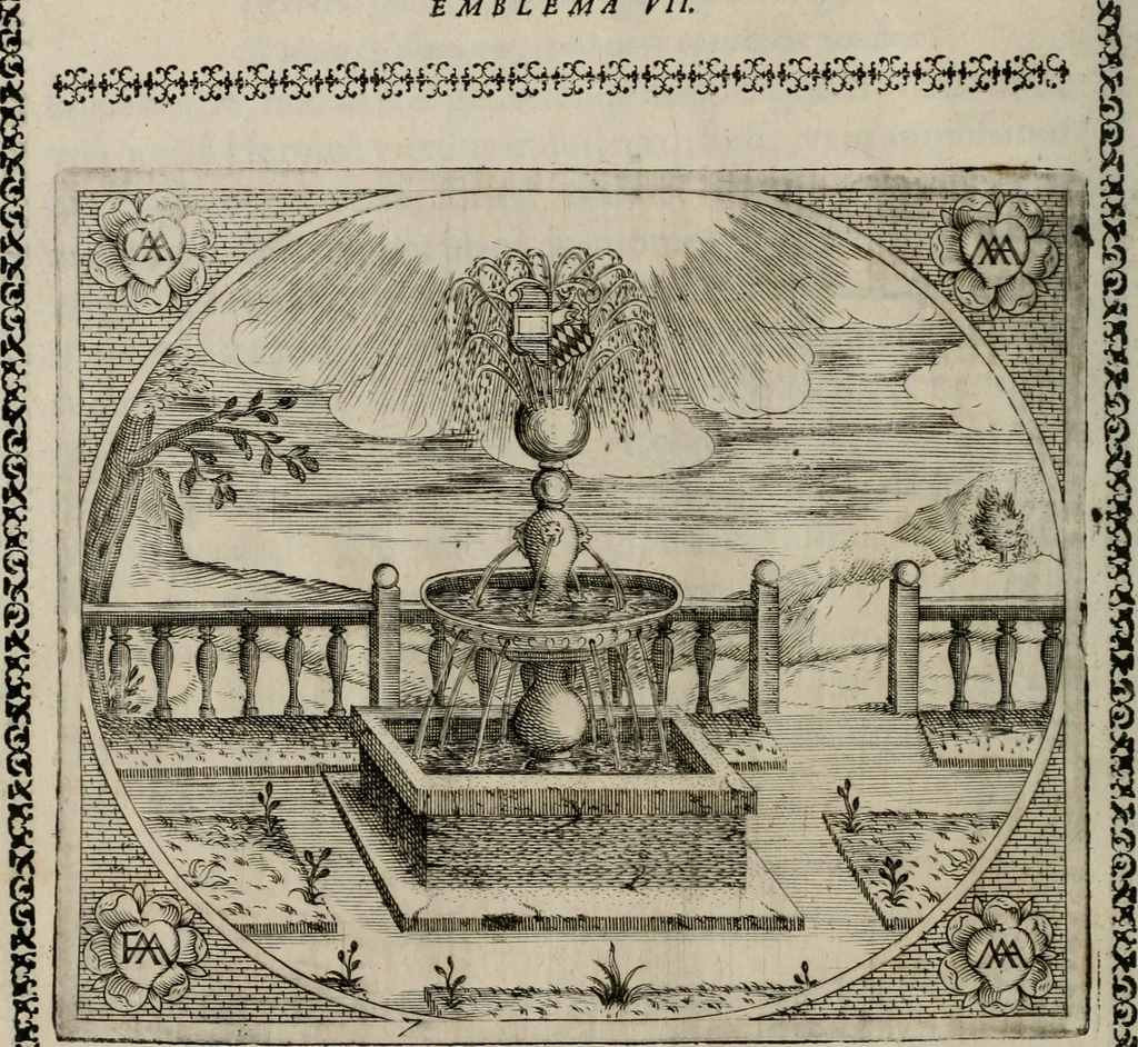 An illustration from Fama postuma, de virtutibus heroicis : quibus serenissima princeps ac domina D. Maria Archidux Austriae, Rheni Palatina vtriusque Bauariae Dux, et serenissimi quondam principis ac domini D. Caroli Archducis Austriae, Burgundiae, Styriae, Carinthiae, Carniolae Ducis Coniux, postea vidua augustam memoriae semper foelicis immortalitatem viuens moriens meruit, 1609, leaf 35