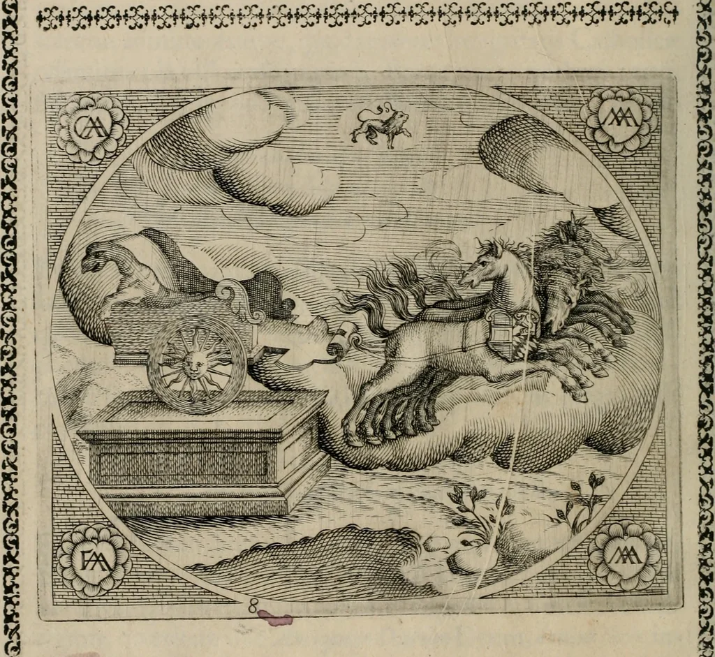 An illustration from Fama postuma, de virtutibus heroicis : quibus serenissima princeps ac domina D. Maria Archidux Austriae, Rheni Palatina vtriusque Bauariae Dux, et serenissimi quondam principis ac domini D. Caroli Archducis Austriae, Burgundiae, Styriae, Carinthiae, Carniolae Ducis Coniux, postea vidua augustam memoriae semper foelicis immortalitatem viuens moriens meruit, 1609, leaf 39