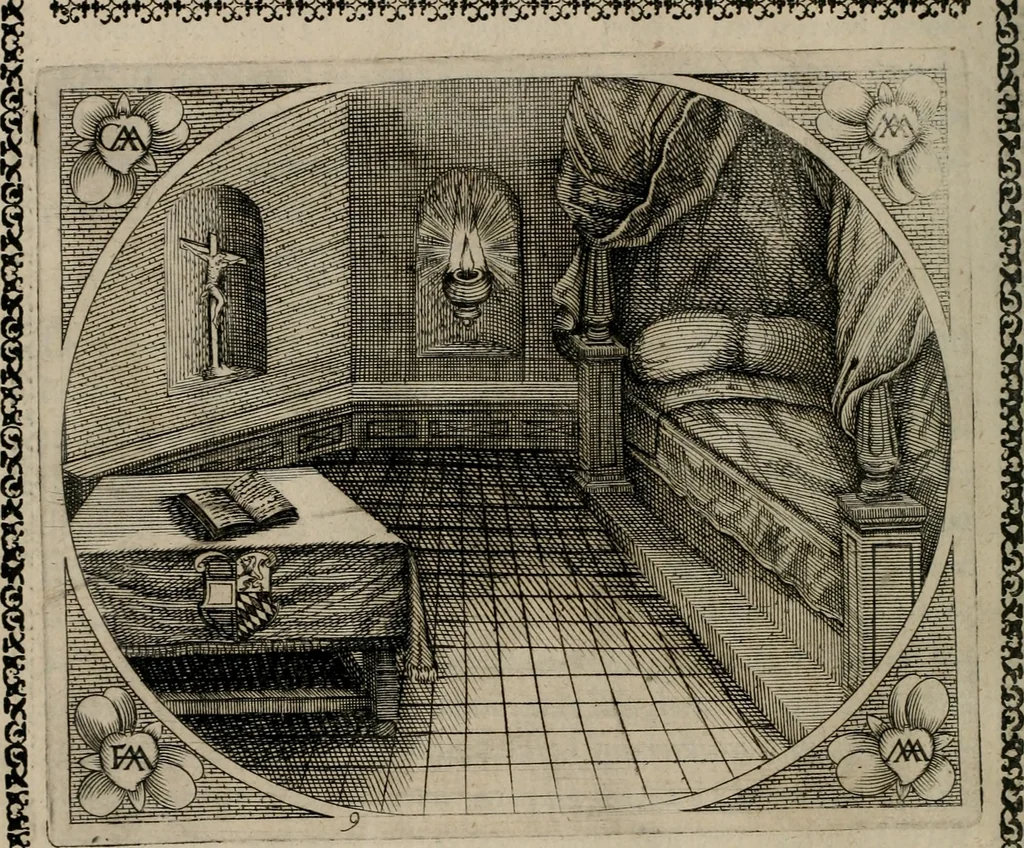 An illustration from Fama postuma, de virtutibus heroicis : quibus serenissima princeps ac domina D. Maria Archidux Austriae, Rheni Palatina vtriusque Bauariae Dux, et serenissimi quondam principis ac domini D. Caroli Archducis Austriae, Burgundiae, Styriae, Carinthiae, Carniolae Ducis Coniux, postea vidua augustam memoriae semper foelicis immortalitatem viuens moriens meruit, 1609, leaf 43
