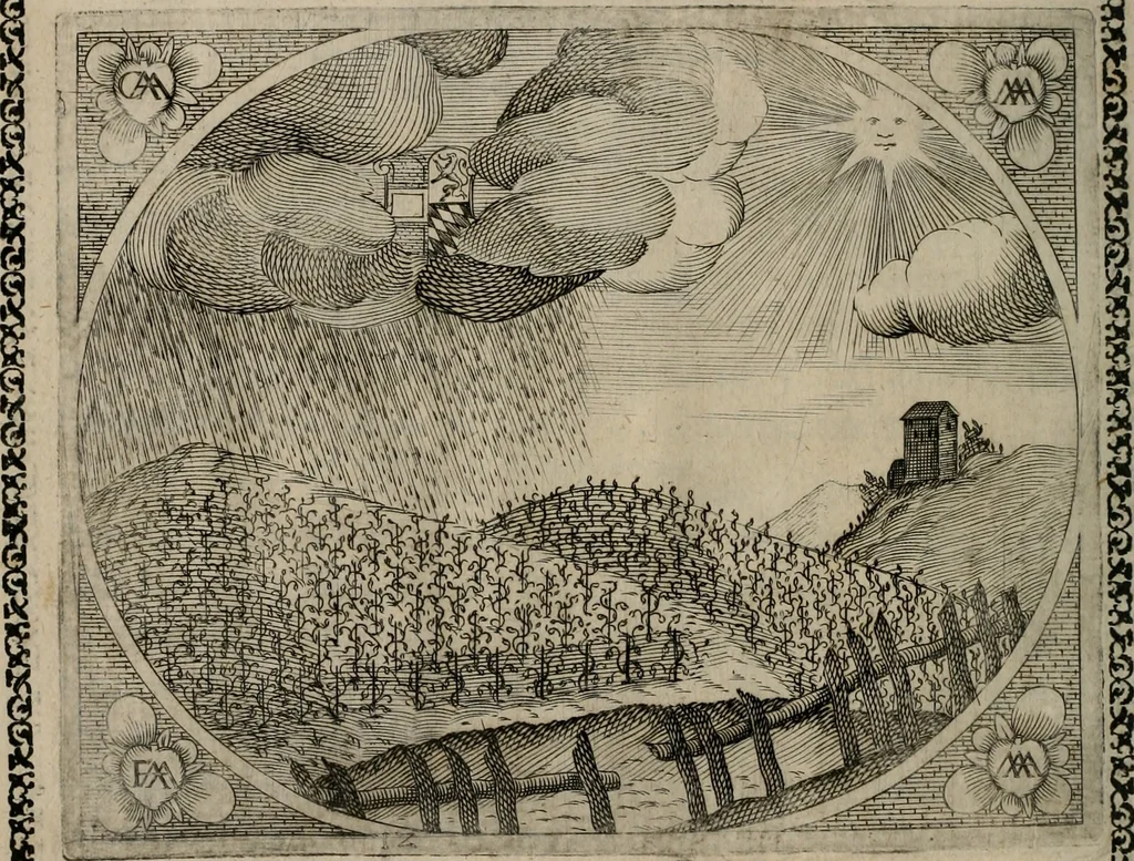 An illustration from Fama postuma, de virtutibus heroicis : quibus serenissima princeps ac domina D. Maria Archidux Austriae, Rheni Palatina vtriusque Bauariae Dux, et serenissimi quondam principis ac domini D. Caroli Archducis Austriae, Burgundiae, Styriae, Carinthiae, Carniolae Ducis Coniux, postea vidua augustam memoriae semper foelicis immortalitatem viuens moriens meruit, 1609, leaf 55