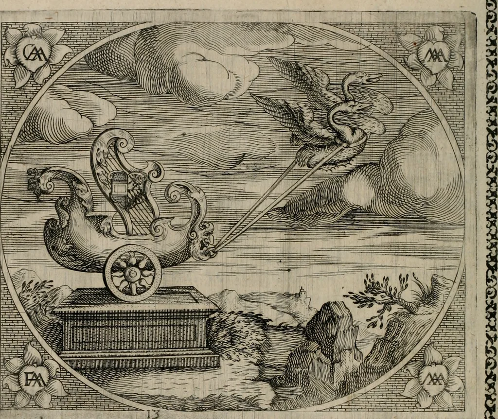 An illustration from Fama postuma, de virtutibus heroicis : quibus serenissima princeps ac domina D. Maria Archidux Austriae, Rheni Palatina vtriusque Bauariae Dux, et serenissimi quondam principis ac domini D. Caroli Archducis Austriae, Burgundiae, Styriae, Carinthiae, Carniolae Ducis Coniux, postea vidua augustam memoriae semper foelicis immortalitatem viuens moriens meruit, 1609, leaf 59