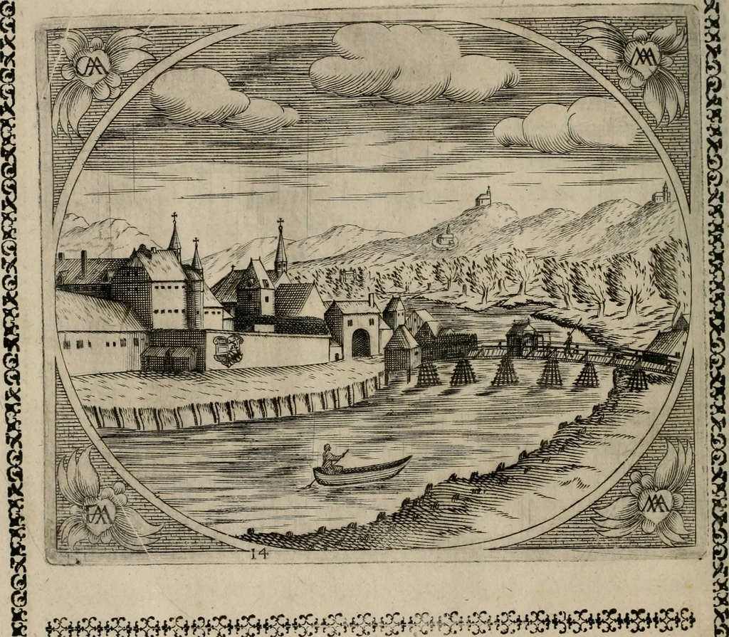 An illustration from Fama postuma, de virtutibus heroicis : quibus serenissima princeps ac domina D. Maria Archidux Austriae, Rheni Palatina vtriusque Bauariae Dux, et serenissimi quondam principis ac domini D. Caroli Archducis Austriae, Burgundiae, Styriae, Carinthiae, Carniolae Ducis Coniux, postea vidua augustam memoriae semper foelicis immortalitatem viuens moriens meruit, 1609, leaf 63