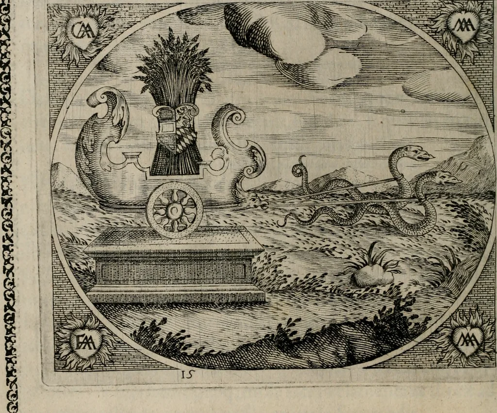 An illustration from Fama postuma, de virtutibus heroicis : quibus serenissima princeps ac domina D. Maria Archidux Austriae, Rheni Palatina vtriusque Bauariae Dux, et serenissimi quondam principis ac domini D. Caroli Archducis Austriae, Burgundiae, Styriae, Carinthiae, Carniolae Ducis Coniux, postea vidua augustam memoriae semper foelicis immortalitatem viuens moriens meruit, 1609, leaf 67