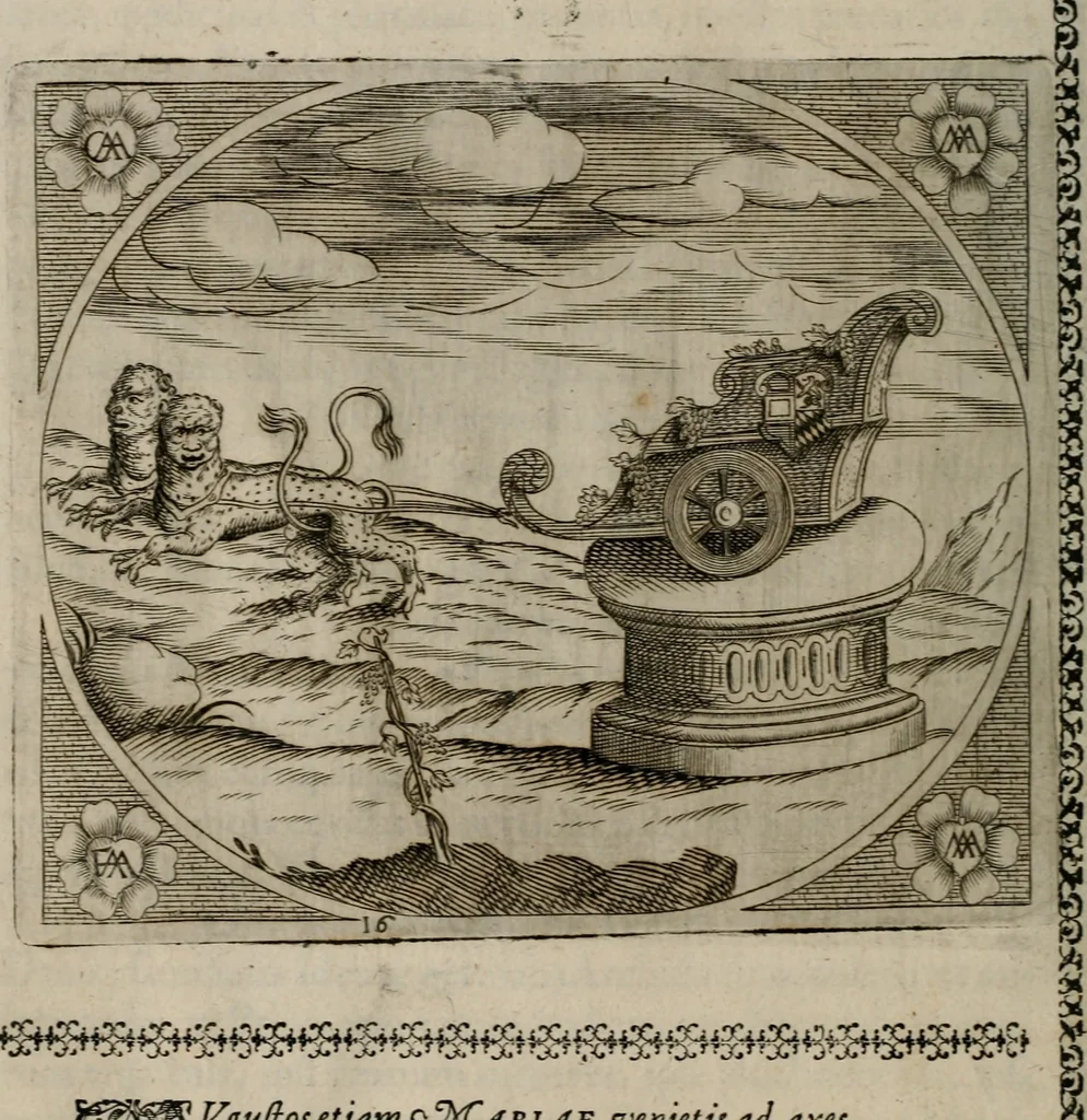 An illustration from Fama postuma, de virtutibus heroicis : quibus serenissima princeps ac domina D. Maria Archidux Austriae, Rheni Palatina vtriusque Bauariae Dux, et serenissimi quondam principis ac domini D. Caroli Archducis Austriae, Burgundiae, Styriae, Carinthiae, Carniolae Ducis Coniux, postea vidua augustam memoriae semper foelicis immortalitatem viuens moriens meruit, 1609, leaf 71