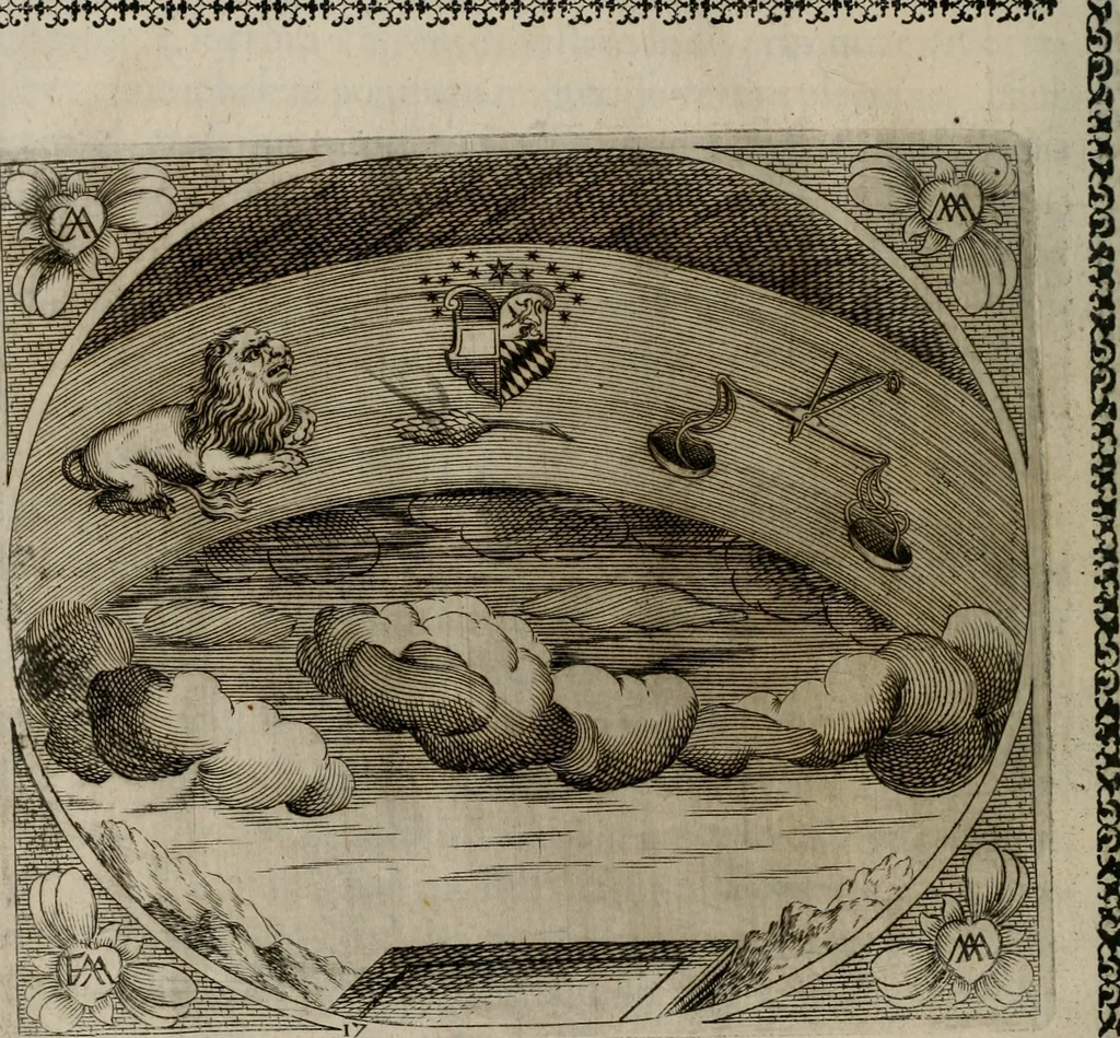 An illustration from Fama postuma, de virtutibus heroicis : quibus serenissima princeps ac domina D. Maria Archidux Austriae, Rheni Palatina vtriusque Bauariae Dux, et serenissimi quondam principis ac domini D. Caroli Archducis Austriae, Burgundiae, Styriae, Carinthiae, Carniolae Ducis Coniux, postea vidua augustam memoriae semper foelicis immortalitatem viuens moriens meruit, 1609, leaf 75