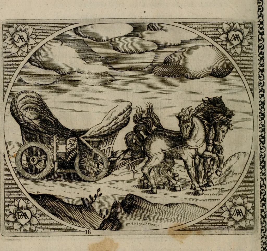 An illustration from Fama postuma, de virtutibus heroicis : quibus serenissima princeps ac domina D. Maria Archidux Austriae, Rheni Palatina vtriusque Bauariae Dux, et serenissimi quondam principis ac domini D. Caroli Archducis Austriae, Burgundiae, Styriae, Carinthiae, Carniolae Ducis Coniux, postea vidua augustam memoriae semper foelicis immortalitatem viuens moriens meruit, 1609, leaf 79