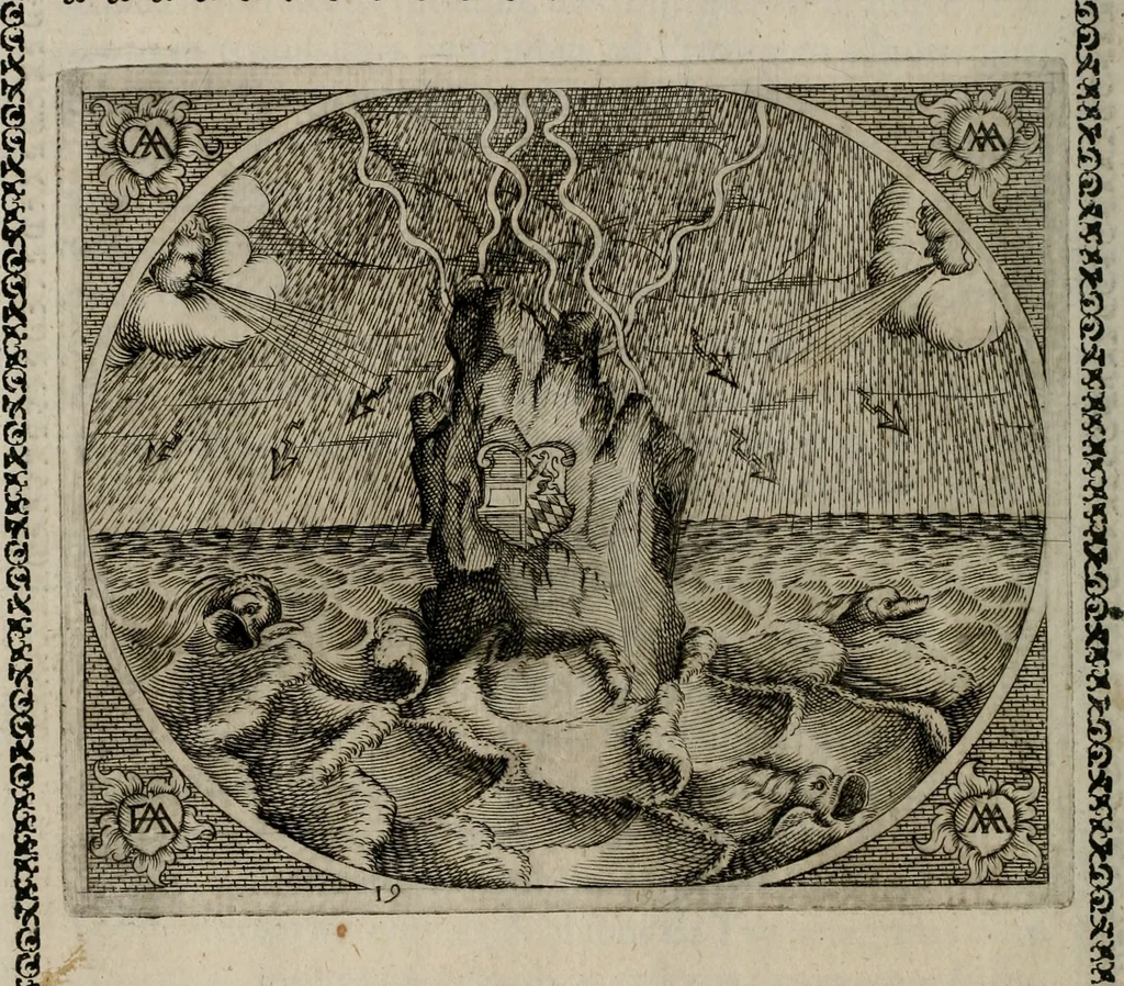 An illustration from Fama postuma, de virtutibus heroicis : quibus serenissima princeps ac domina D. Maria Archidux Austriae, Rheni Palatina vtriusque Bauariae Dux, et serenissimi quondam principis ac domini D. Caroli Archducis Austriae, Burgundiae, Styriae, Carinthiae, Carniolae Ducis Coniux, postea vidua augustam memoriae semper foelicis immortalitatem viuens moriens meruit, 1609, leaf 83