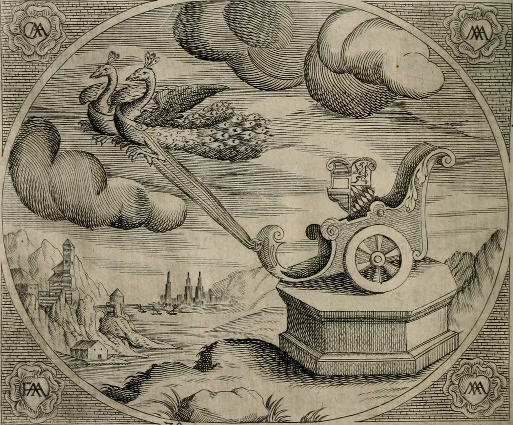 An illustration from Fama postuma, de virtutibus heroicis : quibus serenissima princeps ac domina D. Maria Archidux Austriae, Rheni Palatina vtriusque Bauariae Dux, et serenissimi quondam principis ac domini D. Caroli Archducis Austriae, Burgundiae, Styriae, Carinthiae, Carniolae Ducis Coniux, postea vidua augustam memoriae semper foelicis immortalitatem viuens moriens meruit, 1609, leaf 87