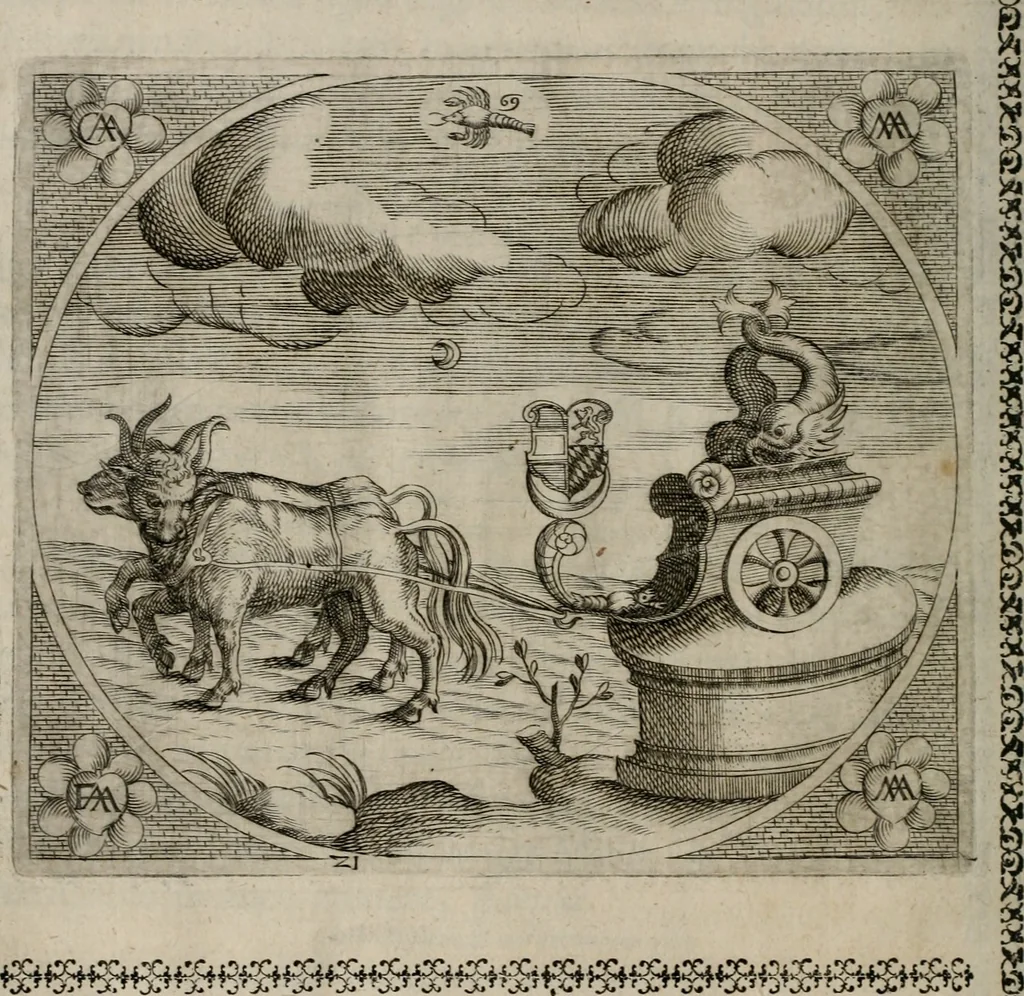 An illustration from Fama postuma, de virtutibus heroicis : quibus serenissima princeps ac domina D. Maria Archidux Austriae, Rheni Palatina vtriusque Bauariae Dux, et serenissimi quondam principis ac domini D. Caroli Archducis Austriae, Burgundiae, Styriae, Carinthiae, Carniolae Ducis Coniux, postea vidua augustam memoriae semper foelicis immortalitatem viuens moriens meruit, 1609, leaf 91