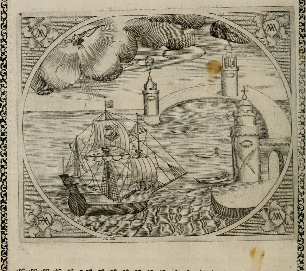 An illustration from Fama postuma, de virtutibus heroicis : quibus serenissima princeps ac domina D. Maria Archidux Austriae, Rheni Palatina vtriusque Bauariae Dux, et serenissimi quondam principis ac domini D. Caroli Archducis Austriae, Burgundiae, Styriae, Carinthiae, Carniolae Ducis Coniux, postea vidua augustam memoriae semper foelicis immortalitatem viuens moriens meruit, 1609, leaf 95